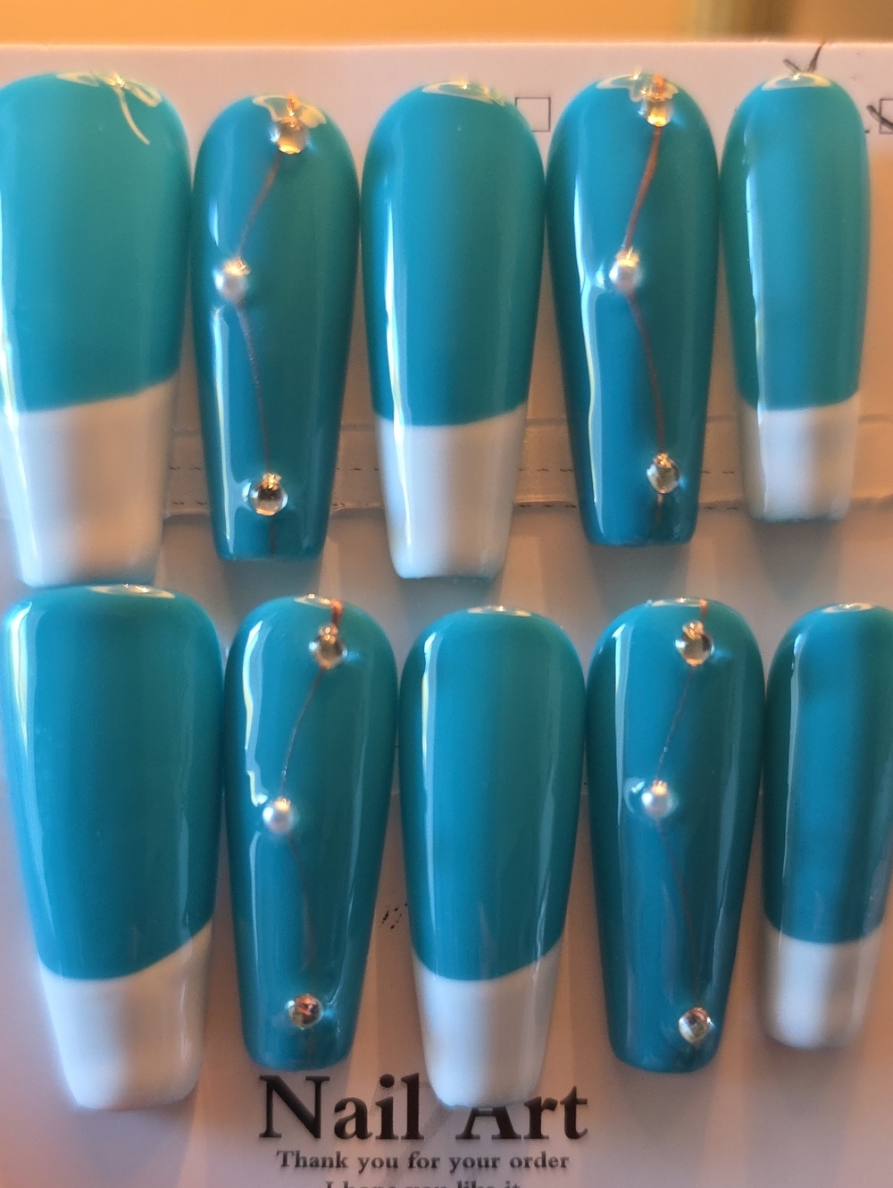 Turquoise Blue Nail Art Press-On Set with Rhinestones - Size Large